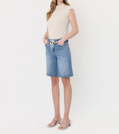 High Rise Waist Tie Denim Bermuda Shorts