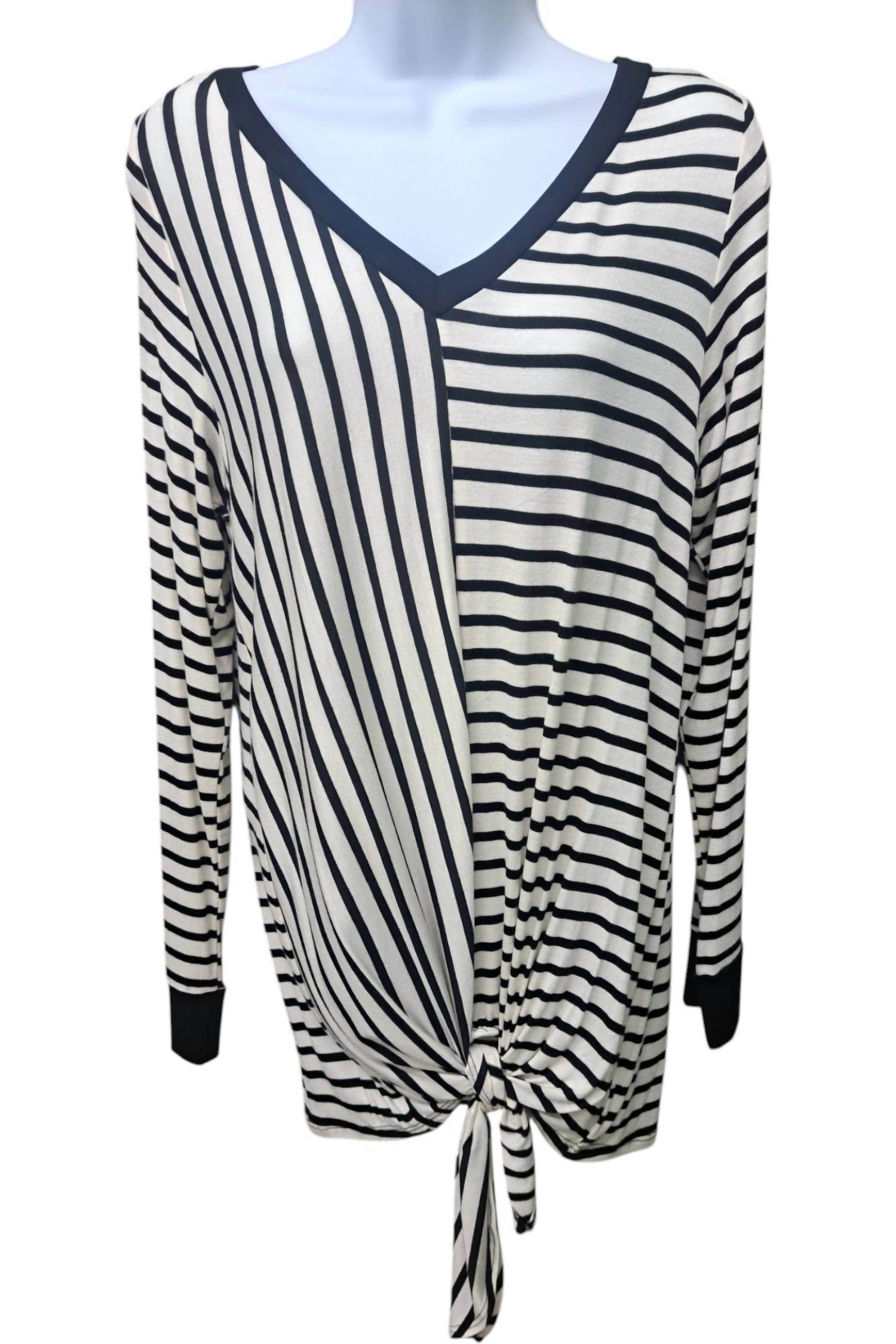 Sun & Moon - Women's Stripes Long Sleeved V Neck Top - Rack Hunt -