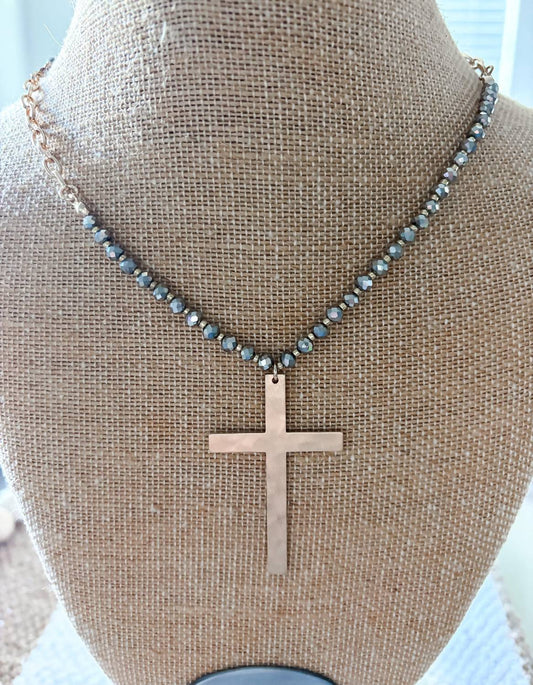 Women's Beaded Cross Necklace + Earrings Set