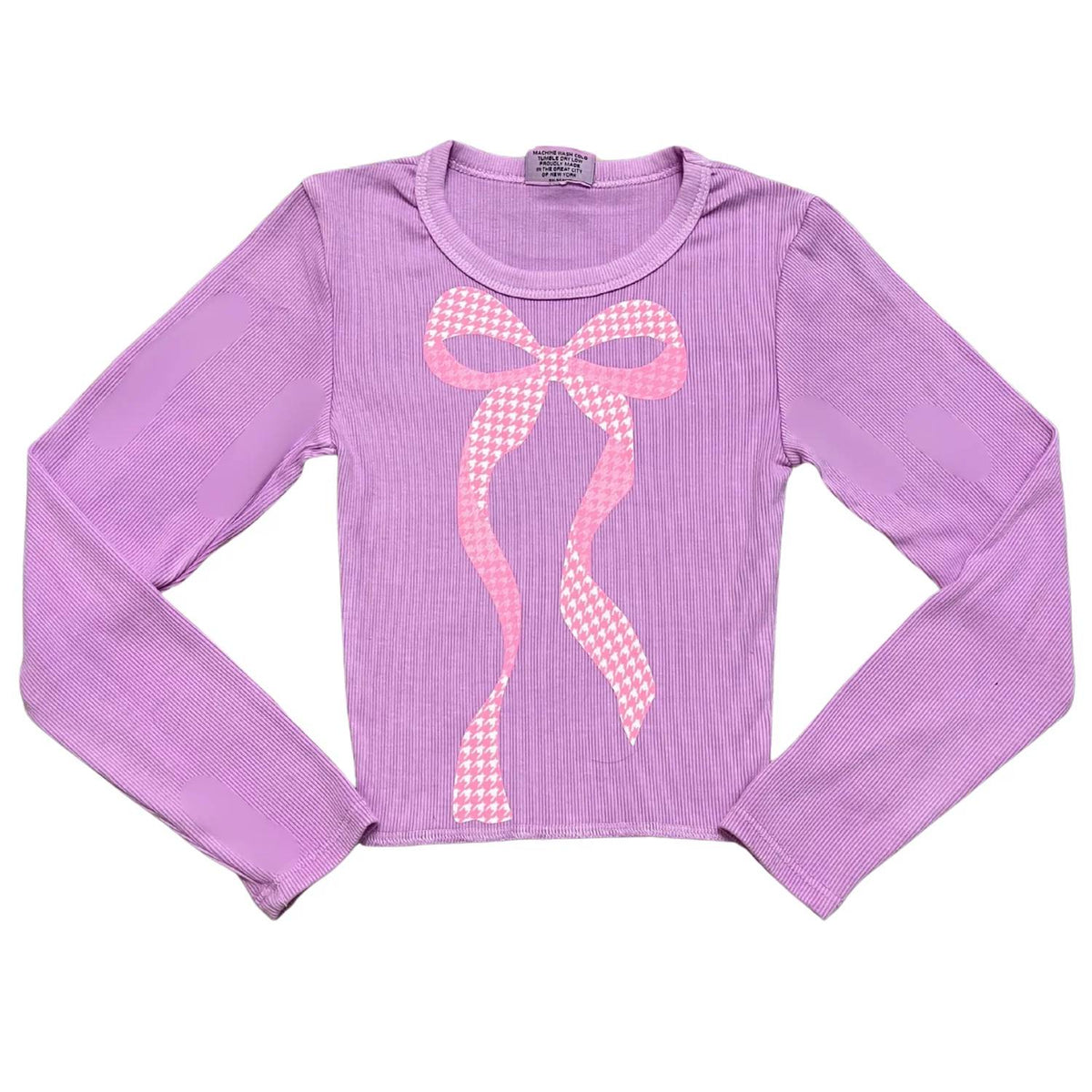 Girl's Houndstooth Bow Long Sleeve Rib Tee