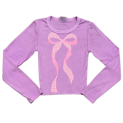 Girl's Houndstooth Bow Long Sleeve Rib Tee