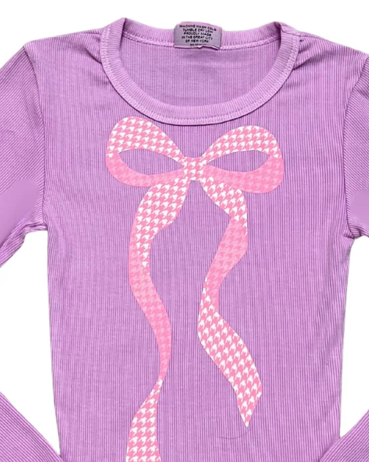 Girl's Houndstooth Bow Long Sleeve Rib Tee