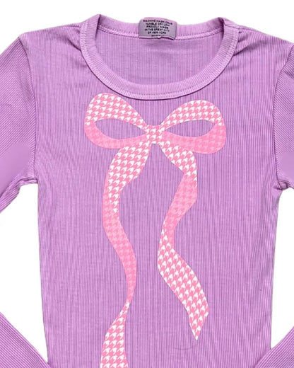 Girl's Houndstooth Bow Long Sleeve Rib Tee