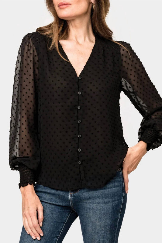 Pin Dot Smocked Detail V Neck Blouse