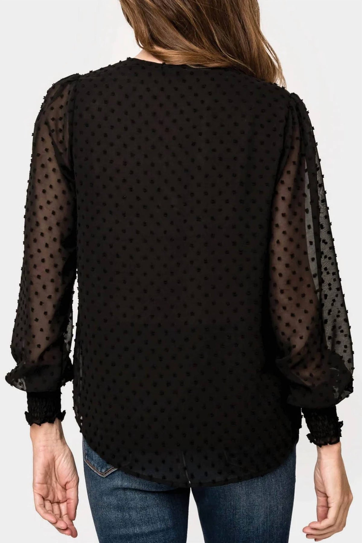Pin Dot Smocked Detail V Neck Blouse