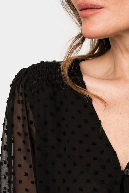 Pin Dot Smocked Detail V Neck Blouse