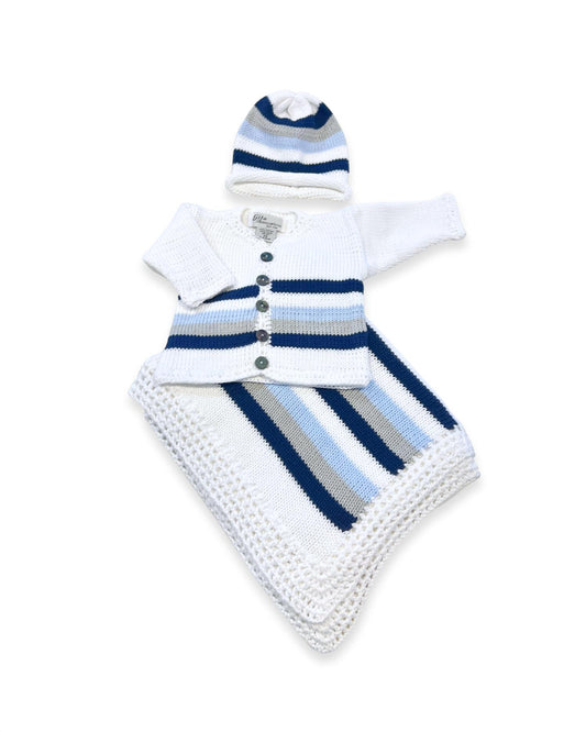 Boy's 2pc Light Blue/grey/navy Stripe With Hat