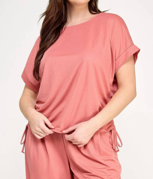 Haute Fox Women's Knit Linen Dolman Ruched Top - Plus in Pink