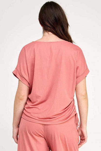 Knit Linen Dolman Ruched Top - Plus