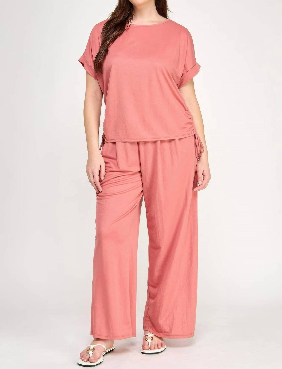 Knit Linen Dolman Ruched Top - Plus