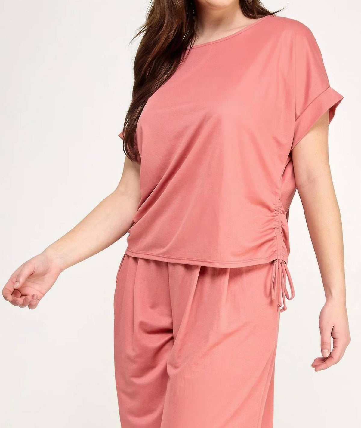 Knit Linen Dolman Ruched Top - Plus