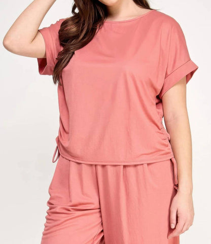Knit Linen Dolman Ruched Top - Plus