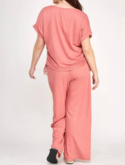 Knit Linen Dolman Ruched Top - Plus