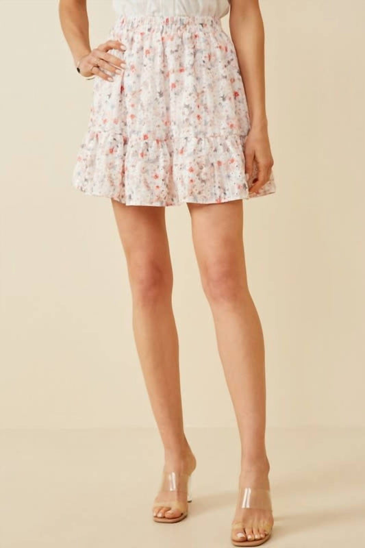 Eyelet Embroidered Floral Elastic Waist Mini Skirt