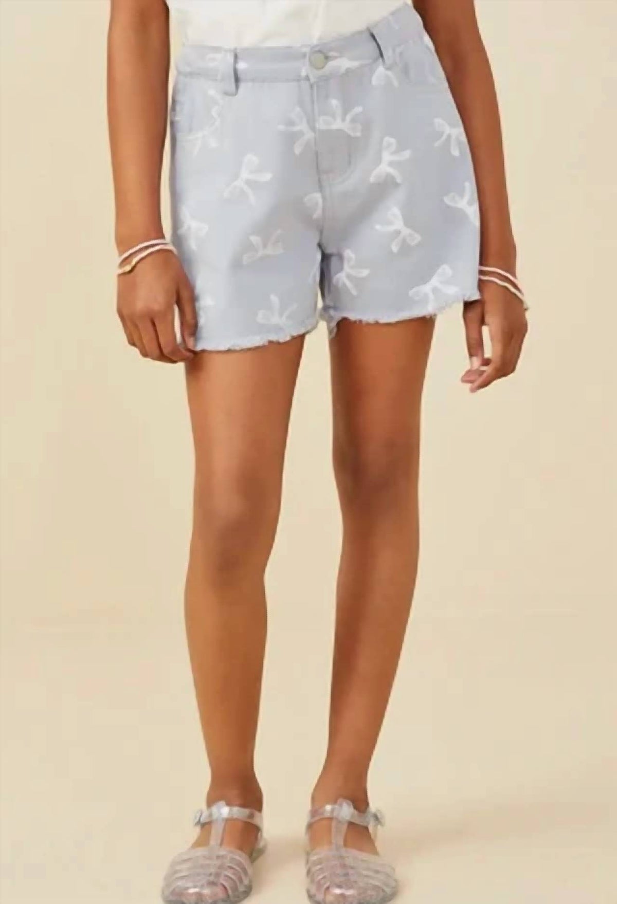 Girls Bow Printed Distressed Denim Shorts