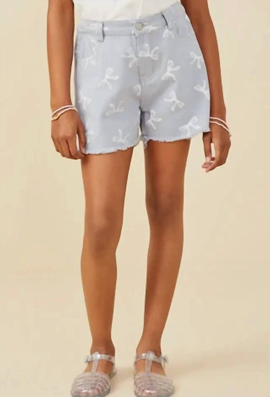 Hayden Girls Girls Bow Printed Distressed Denim Shorts in Blue