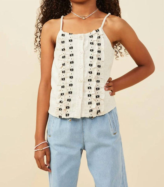 Girls Ruffled Tape Trim Linen Tank