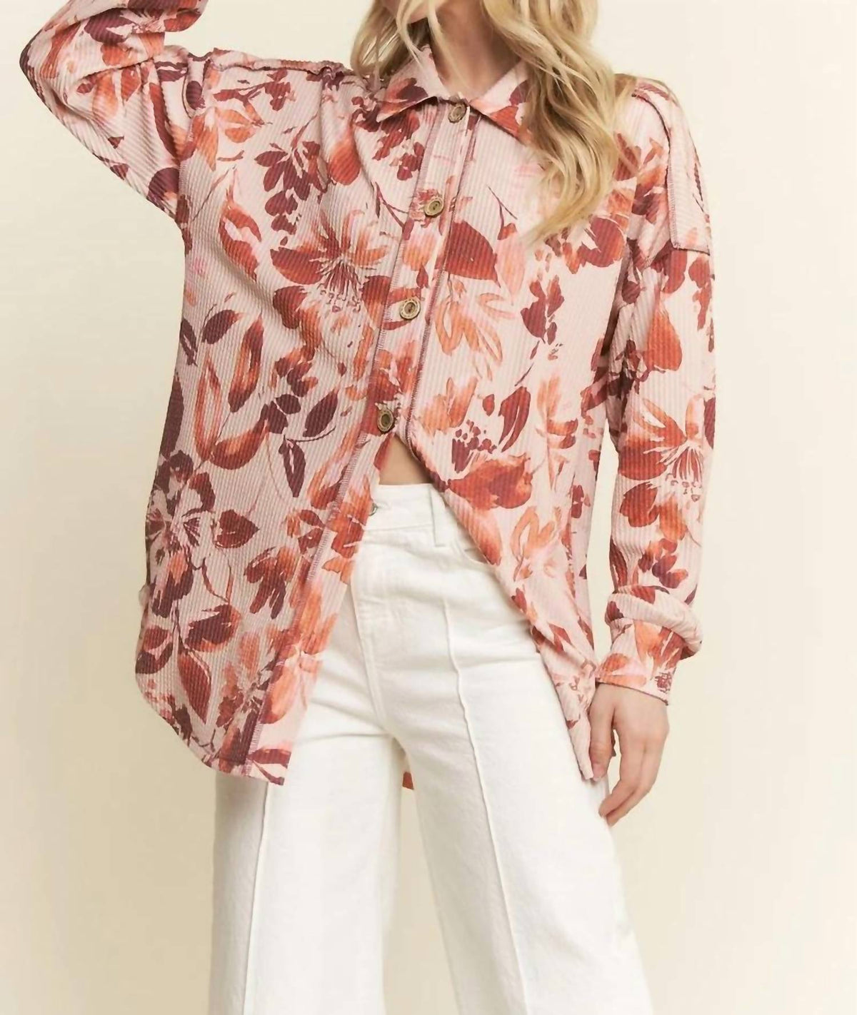 Urban Ribbed Floral Button Up Top