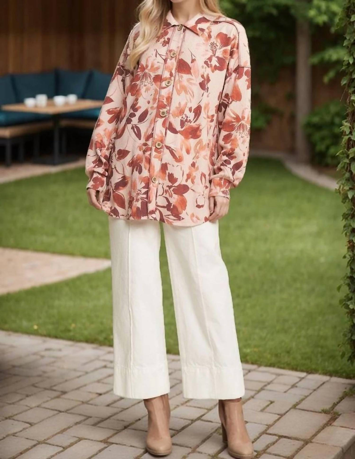 Urban Ribbed Floral Button Up Top