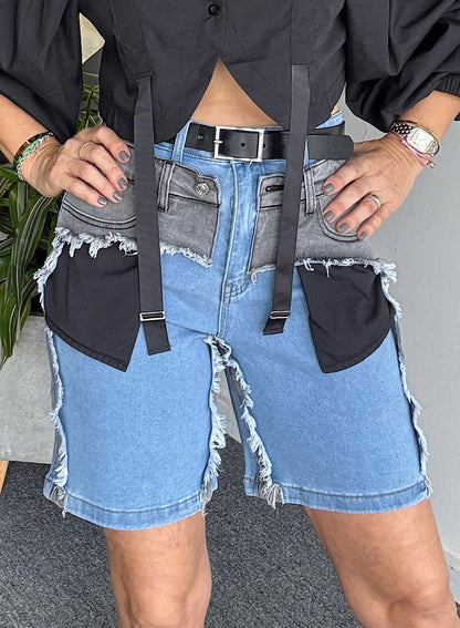 Colorblock Patch Denim Shorts