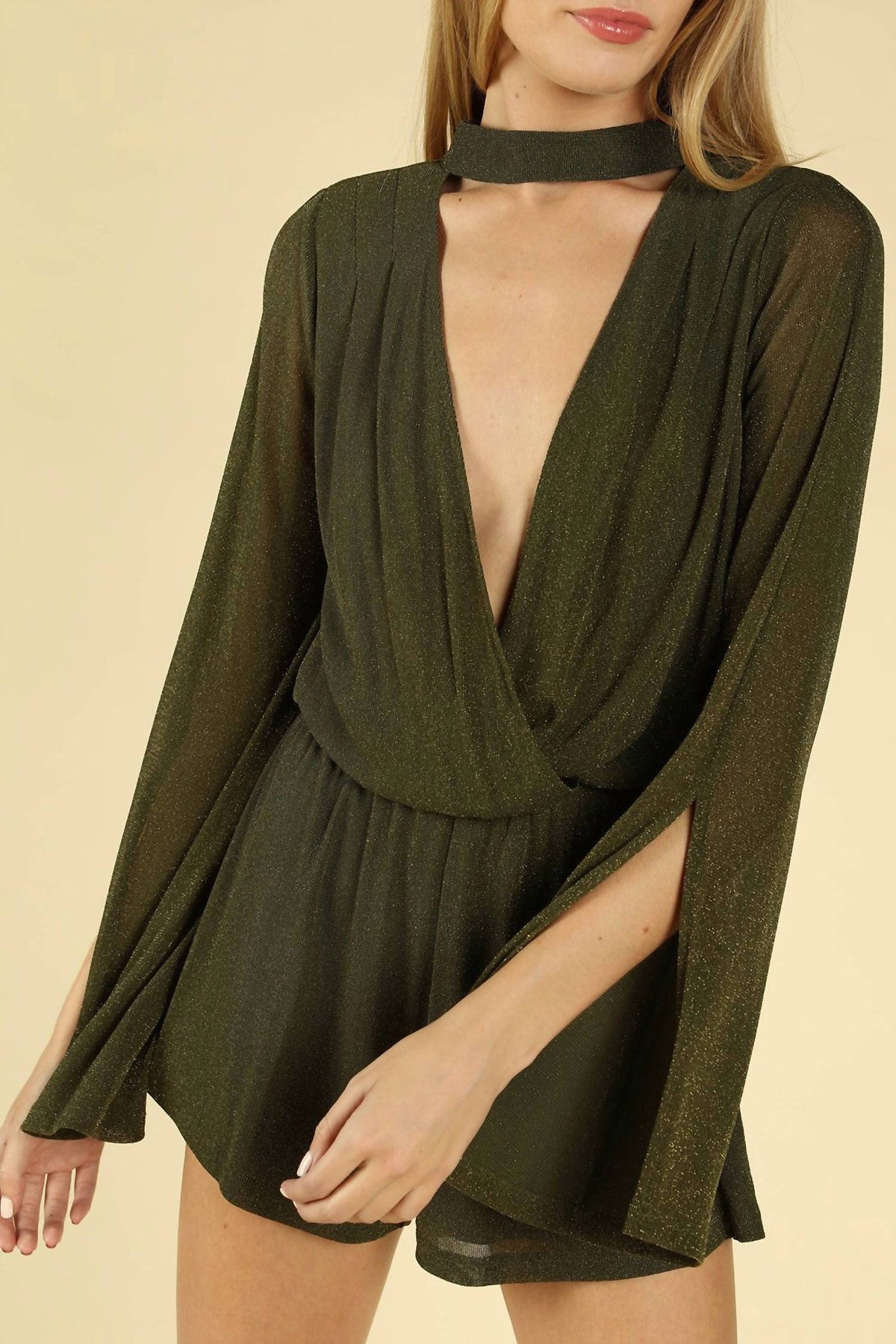 Shimmering Long Sleeve Wrap Romper