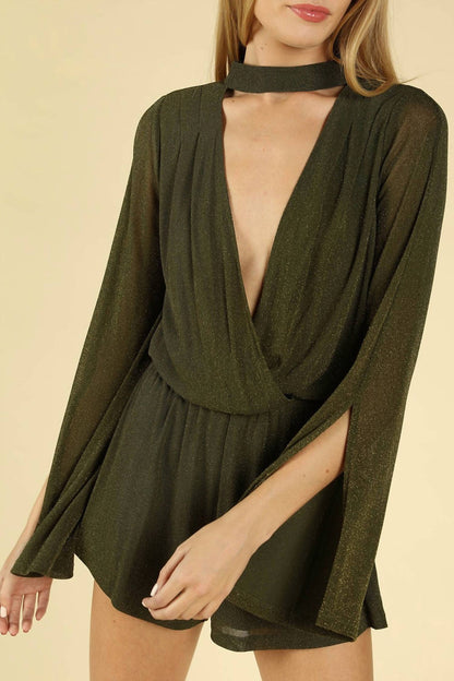 Shimmering Long Sleeve Wrap Romper