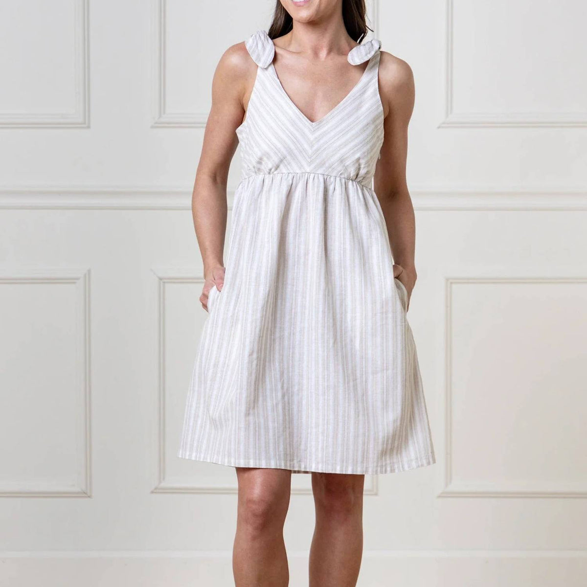Linen Blend Bow Shoulder Midi Dress