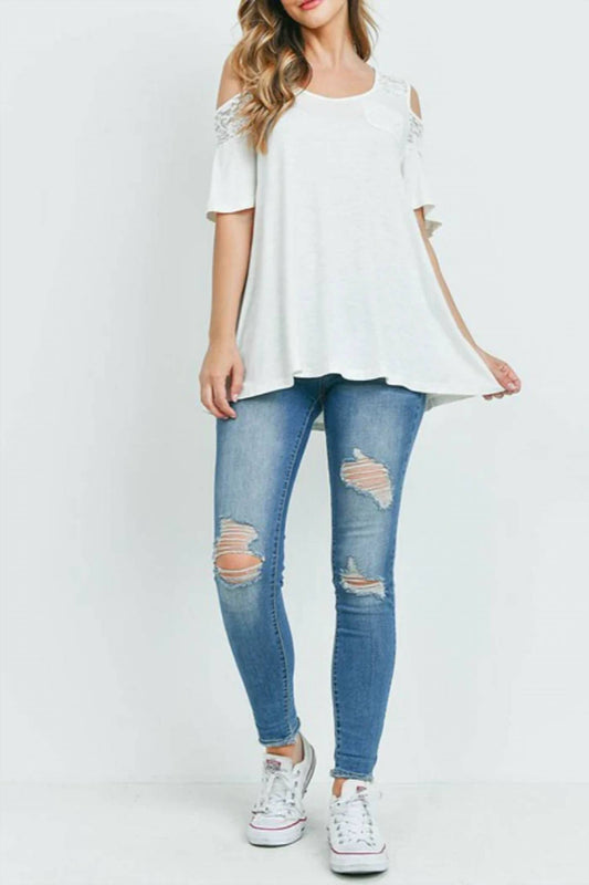 Women's Lace Contrast Cutout Shoulder Loose Top