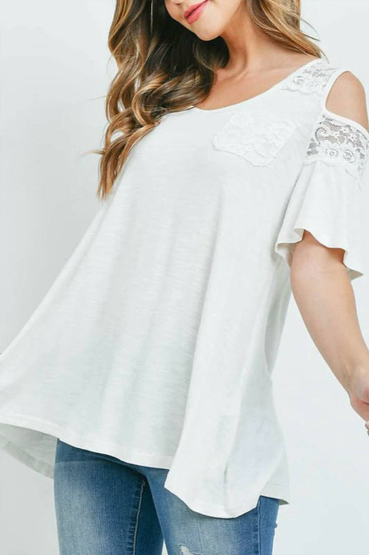 Women's Lace Contrast Cutout Shoulder Loose Top