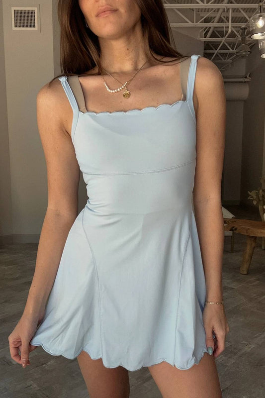 How Very Loved Women's Brynlee Scallop Athletic Romper Mini Dress in Light Blue