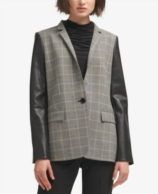 Women's Faux Leather Sleeve Plaid Jacket