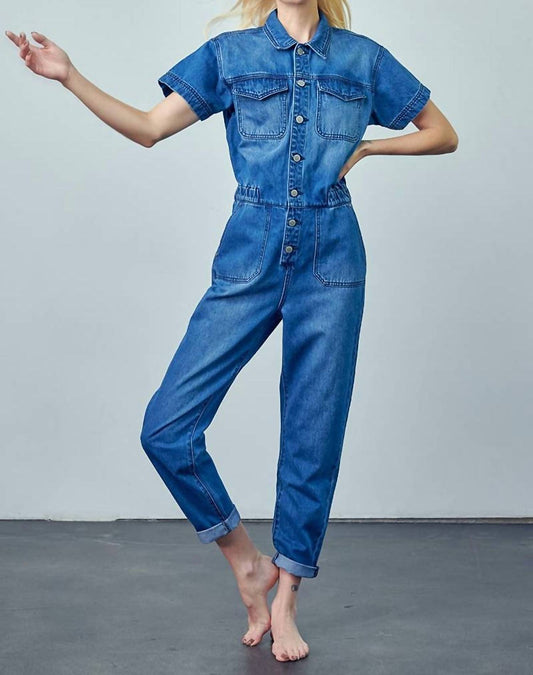 Collared Button-Front Denim Jumpsuit