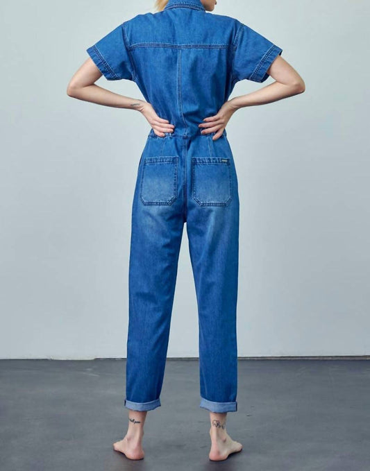 Collared Button-Front Denim Jumpsuit