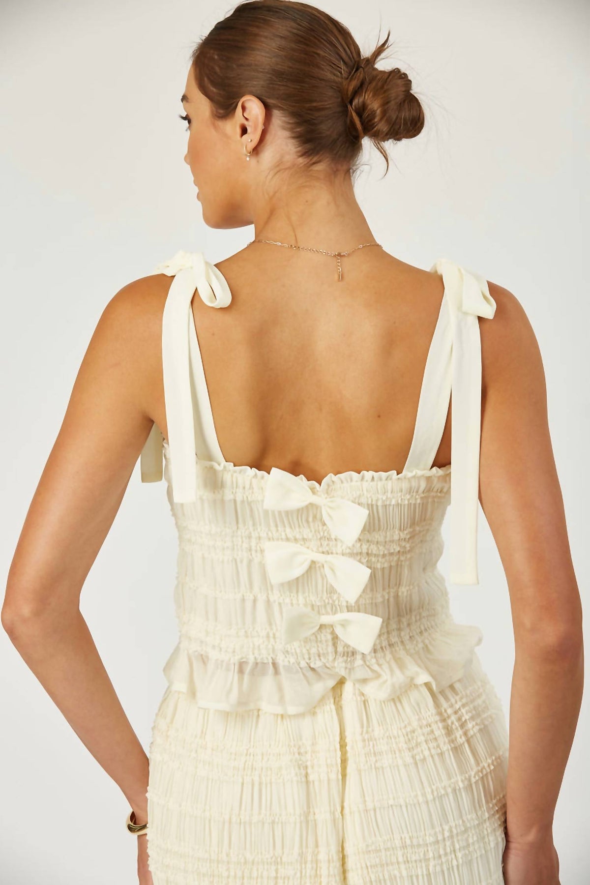 Camille Smocked Bow Design Tie Strap Peplum Top