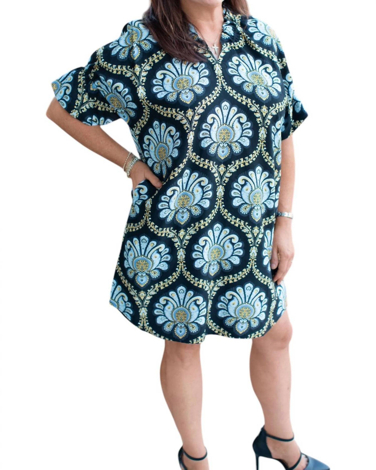Print Ruffle V-Neck Dress