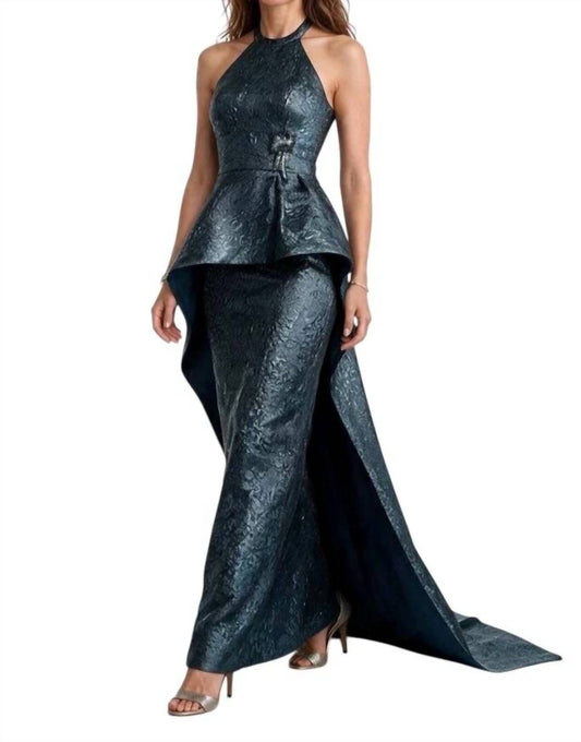 Halter Neck Metallic Ball Prom Gown With Train Formal