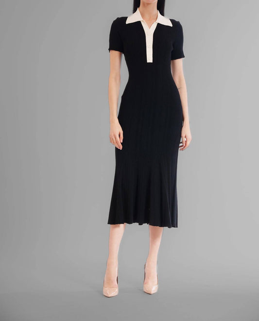 Contrast Collar Short Sleeve Sweater Midi Dress