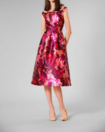Floral Boat Neck A-line Evening Dress