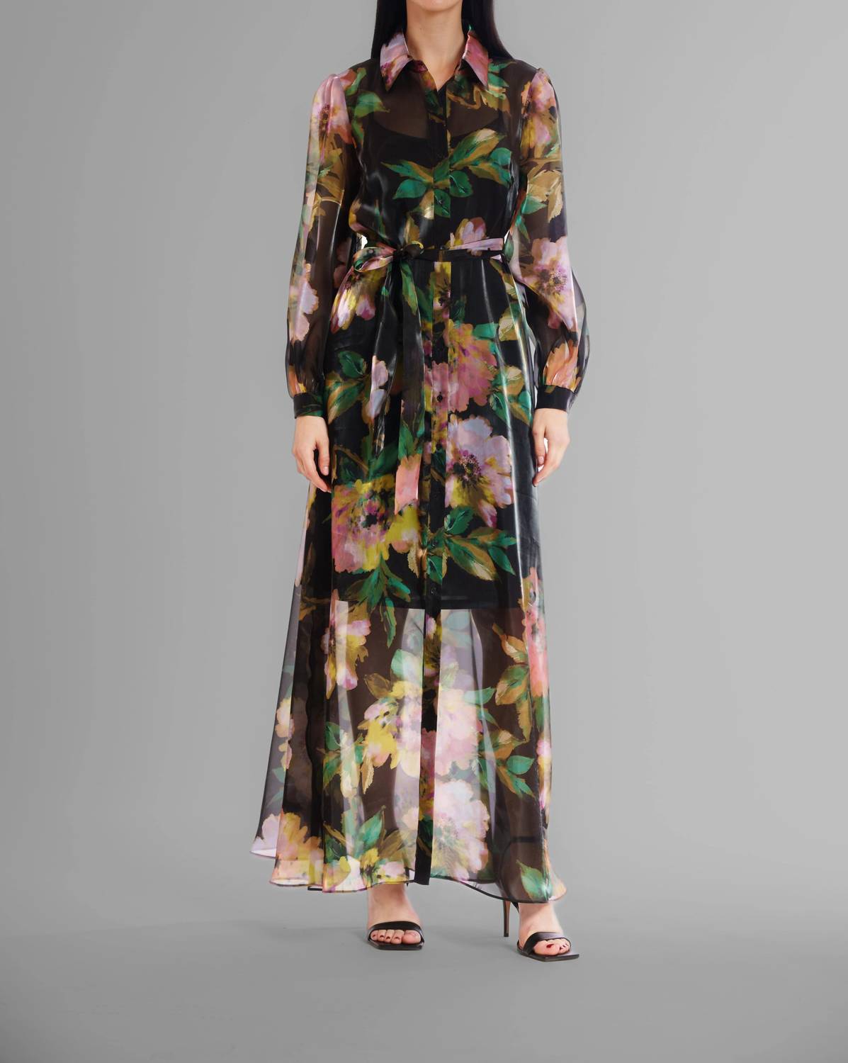 Long Sleeve Floral Organza Shirt Gown