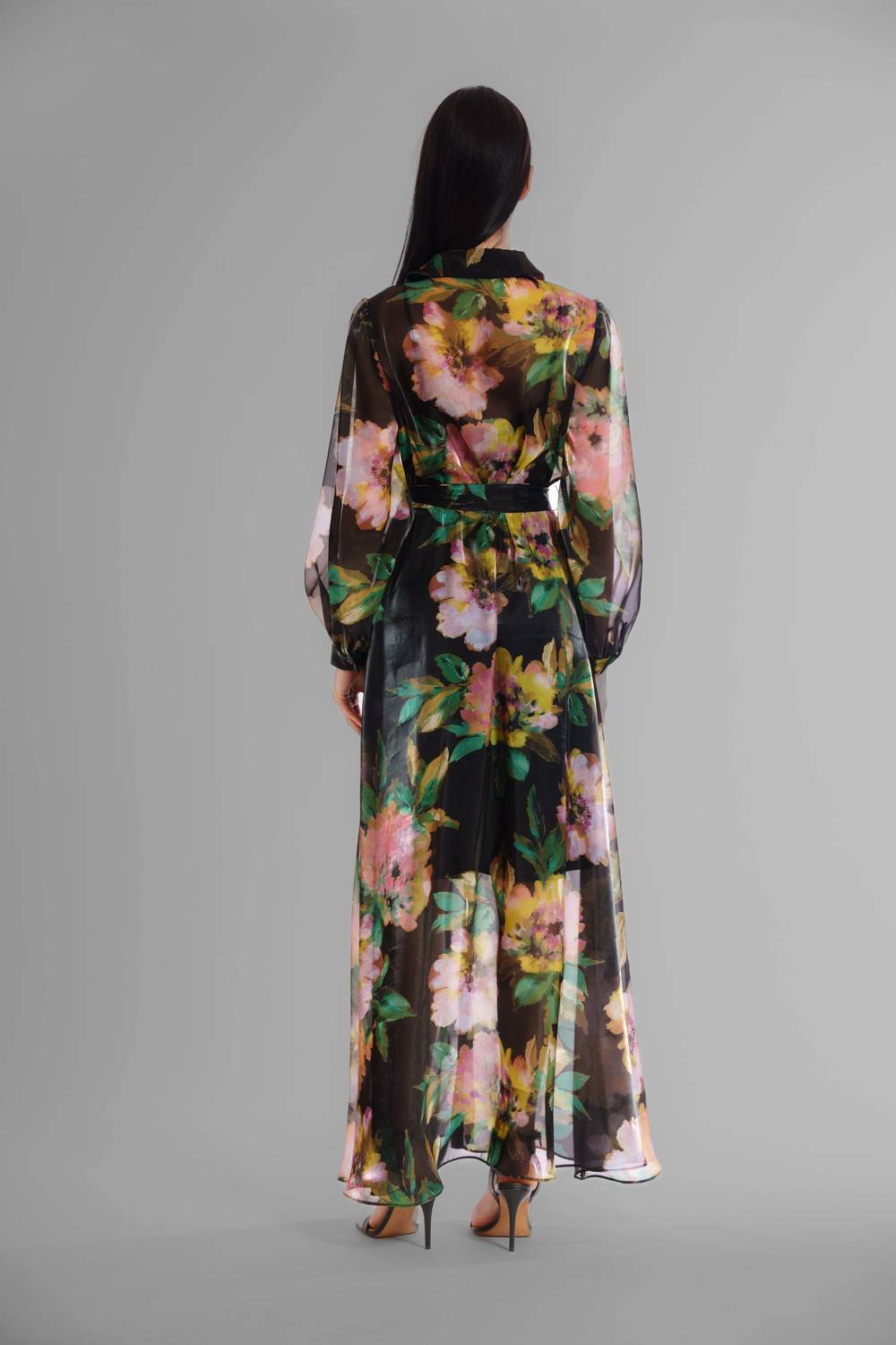 Long Sleeve Floral Organza Shirt Gown