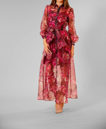 Long Sleeve Floral Tie-waist Shirt Dress