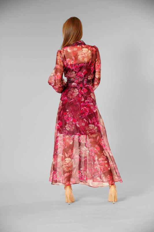 Long Sleeve Floral Tie-waist Shirt Dress