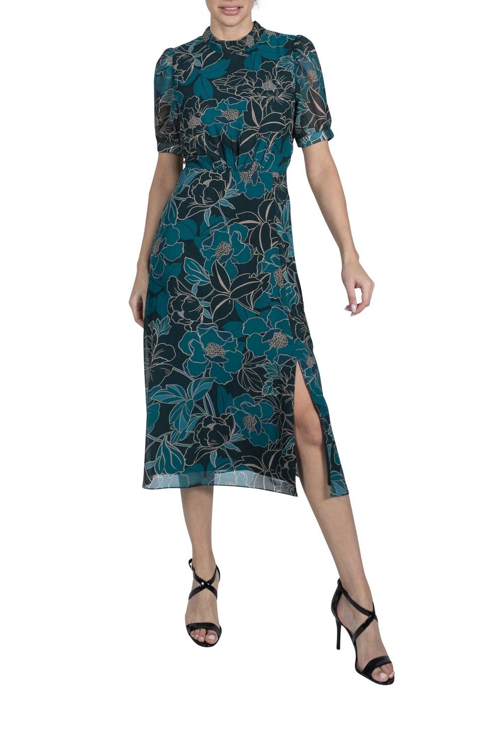 Mock Neck Balloon Sleeve Midi Dress
