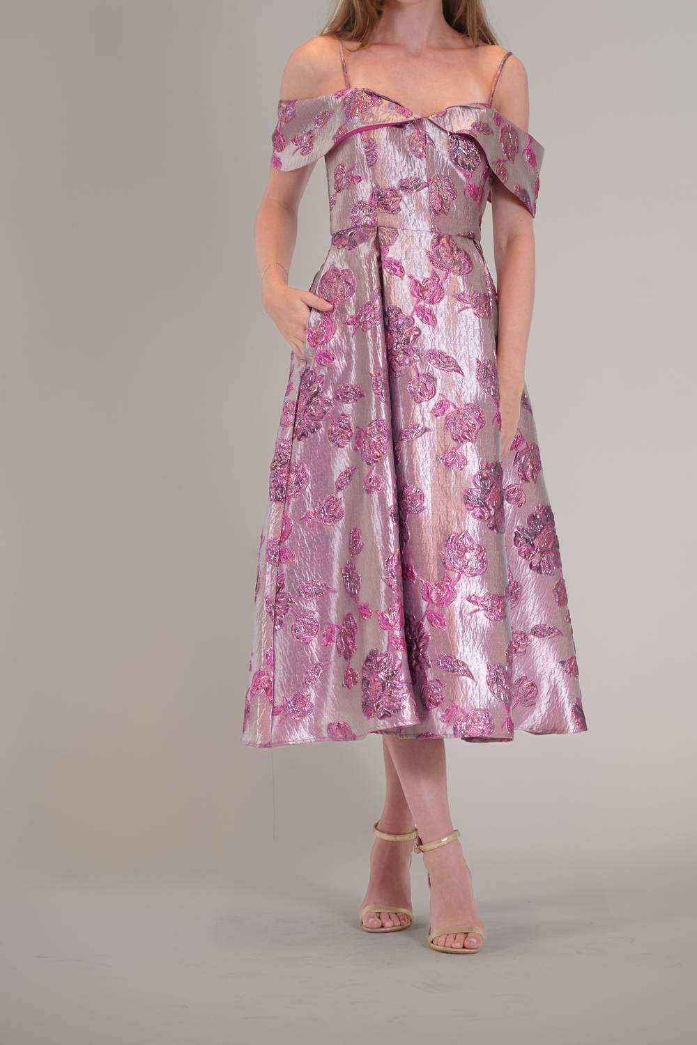 Off Shoulder Floral Jacquard Midi Dress