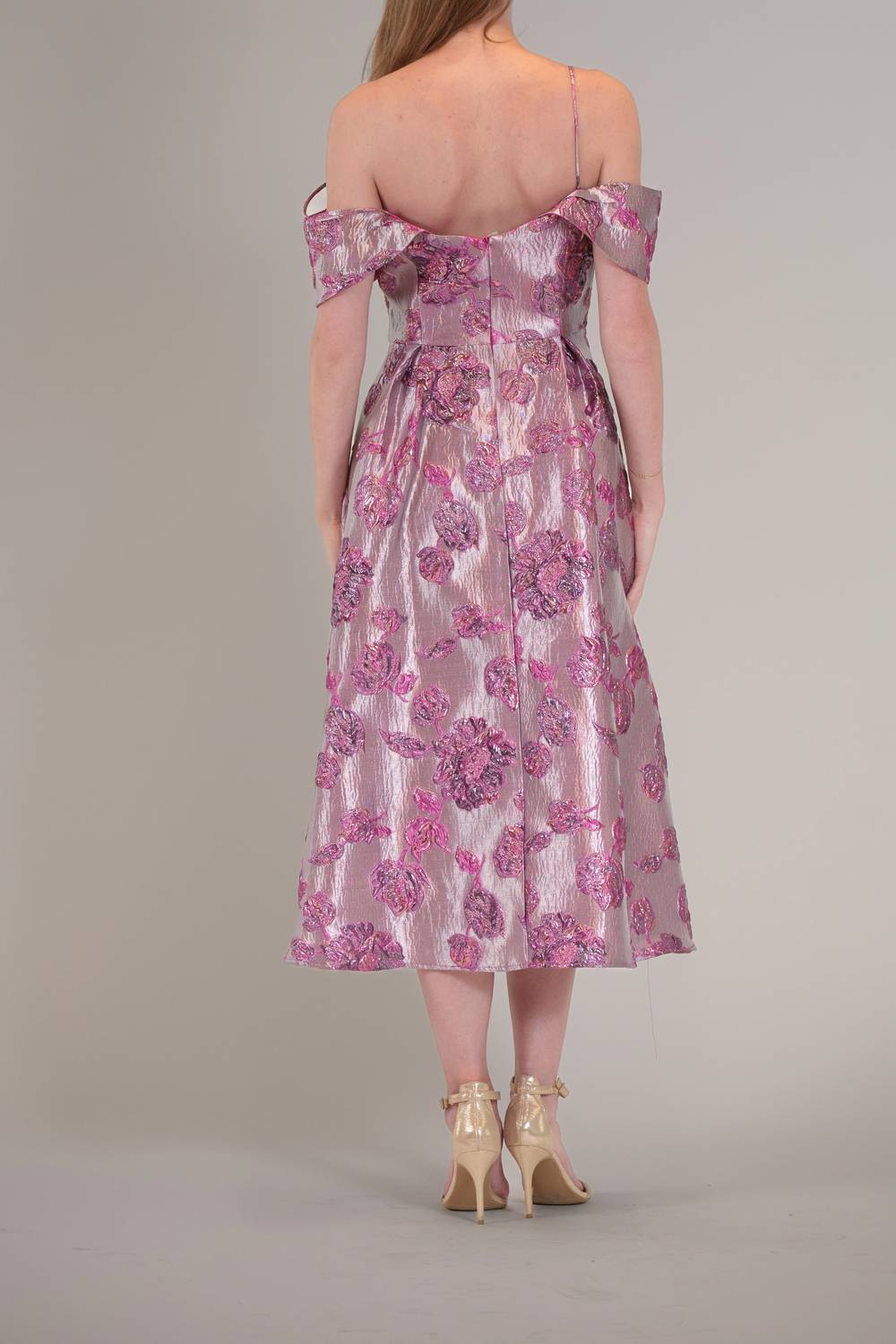 Off Shoulder Floral Jacquard Midi Dress