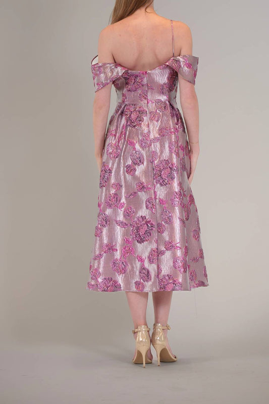 Off Shoulder Floral Jacquard Midi Dress