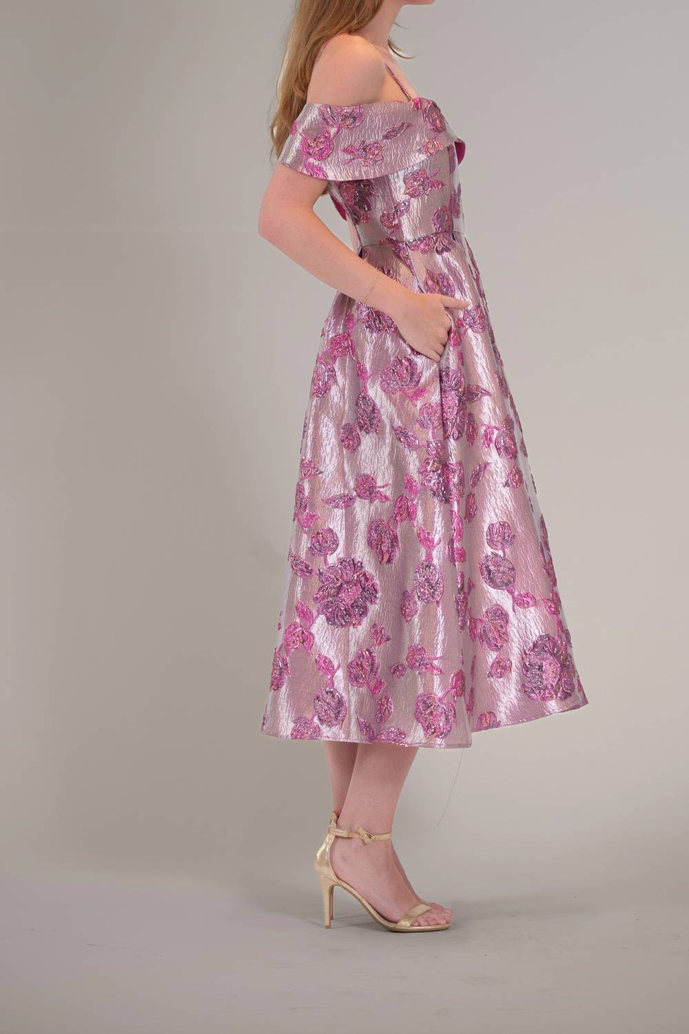 Off Shoulder Floral Jacquard Midi Dress