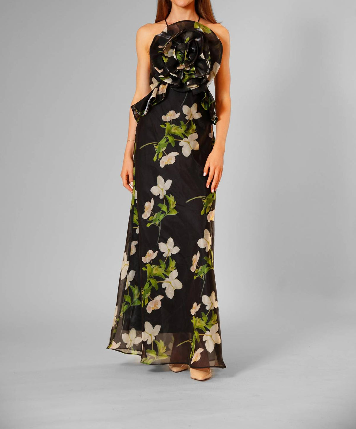 Sleeveless Organza Rosette Detail Gown