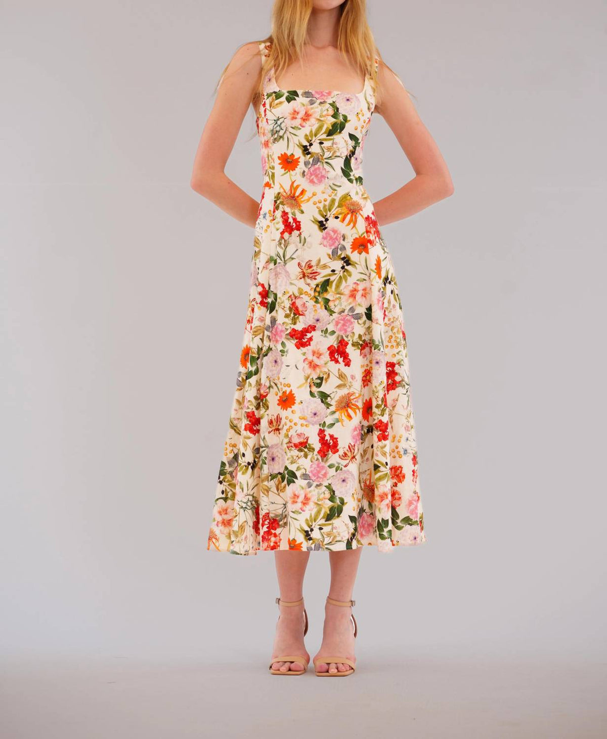 Square Neck Floral Linen-blend Midi Dress