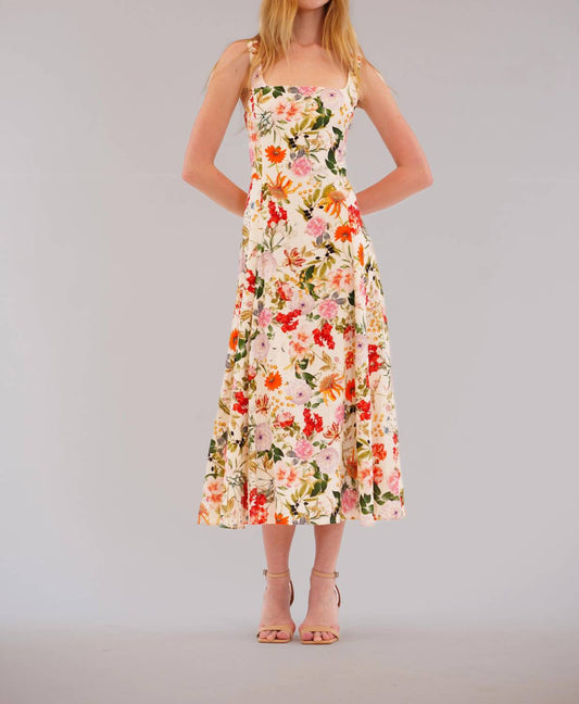 Square Neck Floral Linen-blend Midi Dress